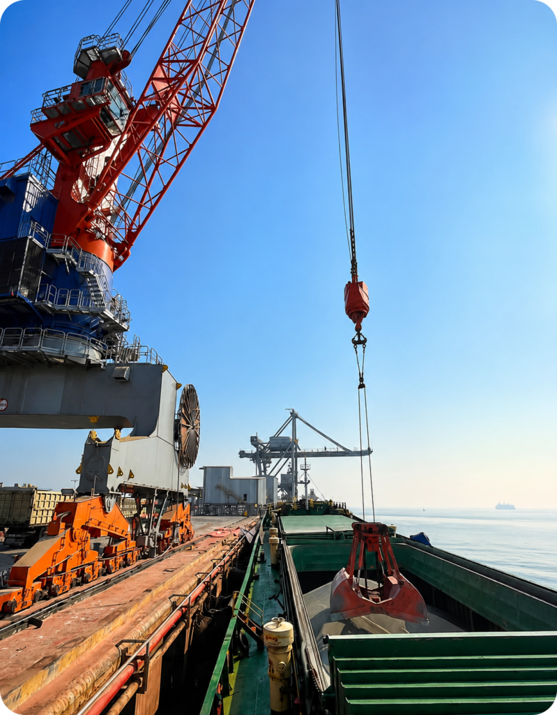 Bulk cargo vessel alongside a port terminal during cargo discharging operations using a shore crane at an Indonesian seaport.