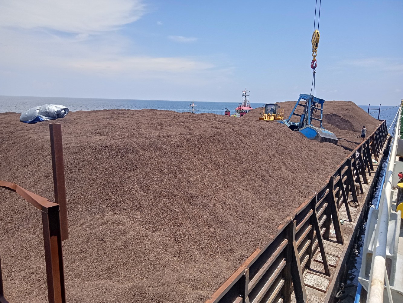 Bulk cargo discharging operation from a vessel using a crane, showcasing maritime cargo handling and logistics operations in Indonesia.