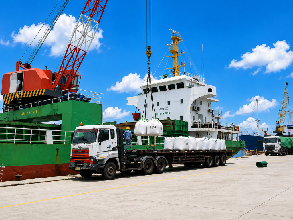 Freight forwarding cargo handling operation at an Indonesian port with vessel loading, crane operations, and truck transportation.