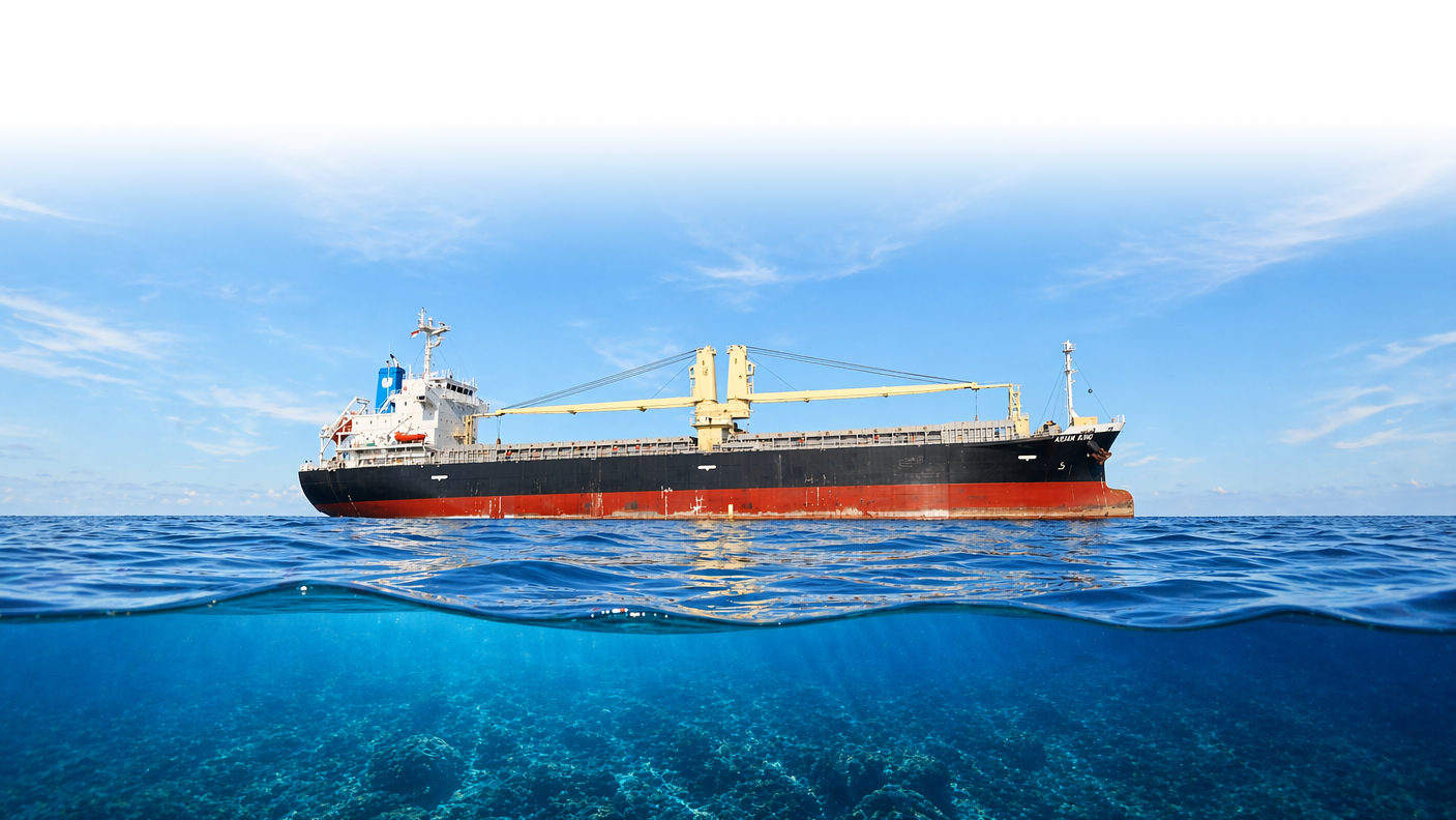 MV Asian Kind bulk carrier sailing across calm ocean waters under a clear blue sky, showcasing maritime shipping, bulk cargo transportation, vessel operations, and global ocean freight logistics.
