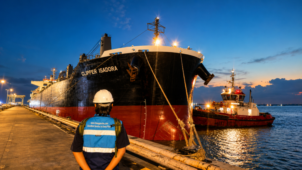 MV Clipper Isadora alongside the berth with TMA Shipping providing Owner Protective Agency services at an Indonesian port.