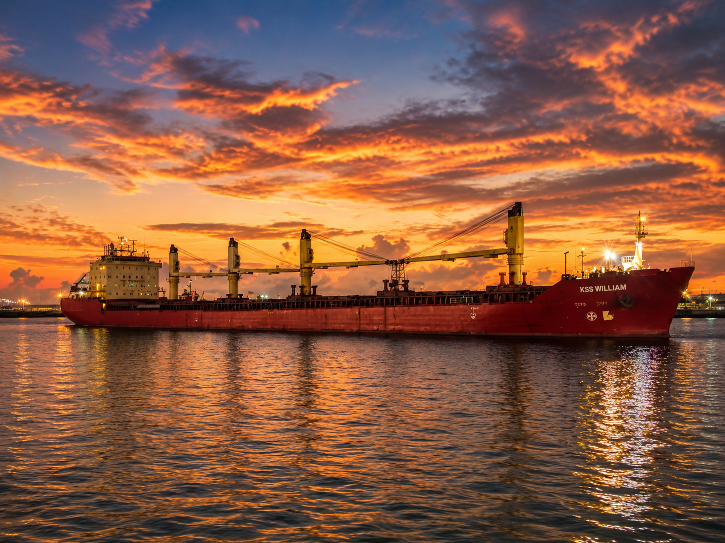 Cargo discharge operations of MV KSS William at Ujung Baru Port, Belawan, Medan with a colorful sunset over the harbor.