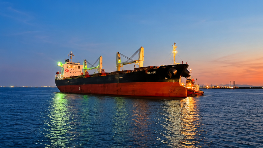 MV Maree anchored at an Indonesian port, supported by TMA GROUP's professional shipping agency and vessel operations services.