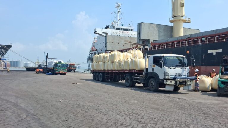 Cargo trucks transporting bulk bags alongside MV Sentosa during cargo operations at North Jamrud Terminal, Tanjung Perak Port, Surabaya, Indonesia.