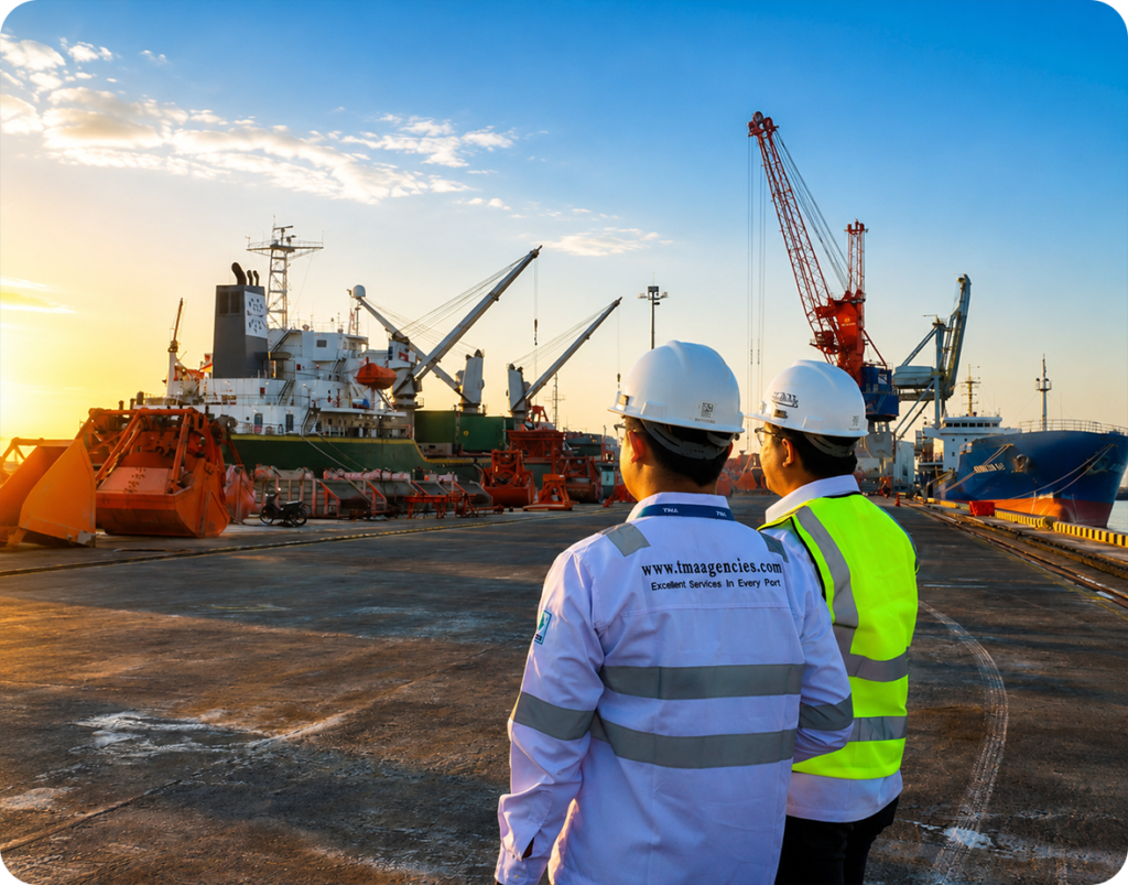 TMA Group shipping agency personnel supervising vessel and cargo operations at an Indonesian commercial port.