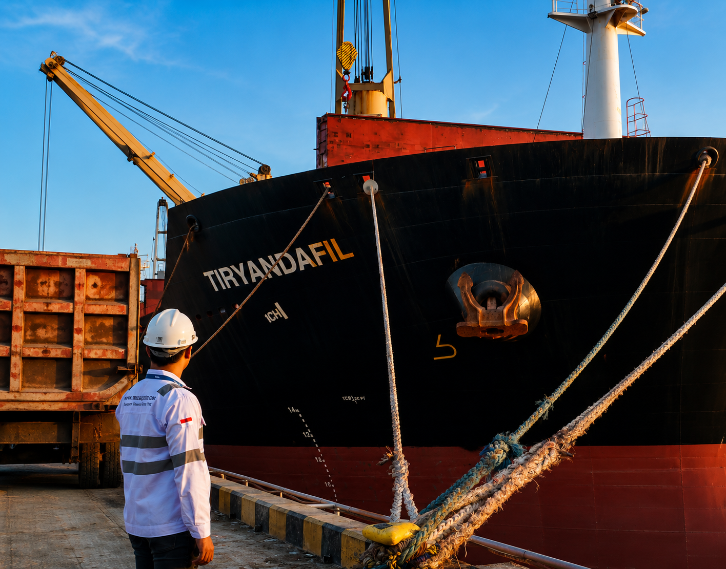 TMA Shipping personnel inspecting MT Tiryandafil during cargo discharge operations at JIIPE - BMS Port, Gresik, Indonesia.