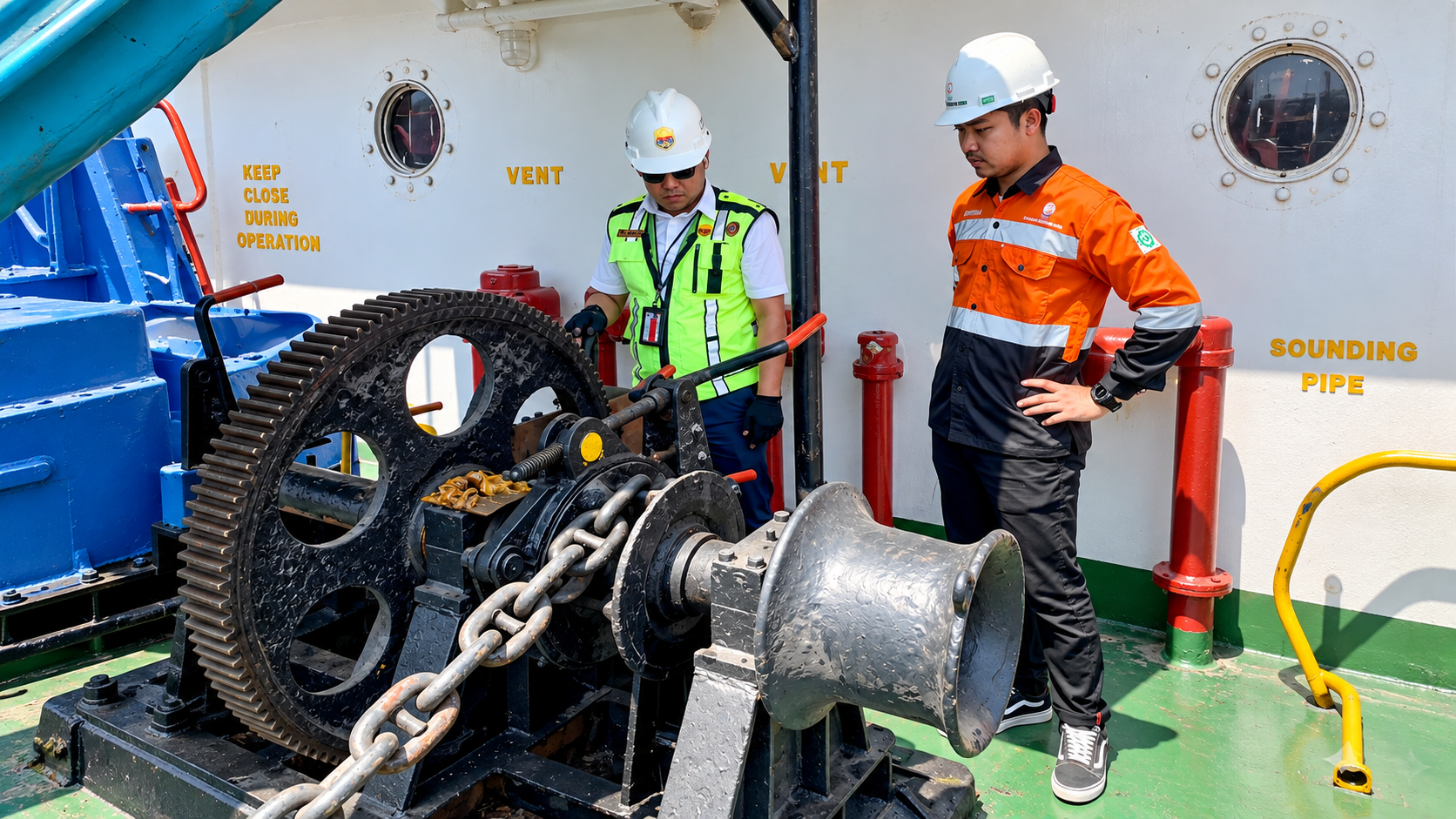 Husbandry Service for Vessel Operations in Indonesia | TMA Group TMA Group husbandry service team inspecting vessel equipment during port operations in Indonesia.