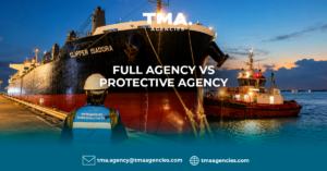TMA Agencies ship agency services banner featuring a port worker, cargo ship and tugboat at sunset, titled “Full Agency vs Protective Agency