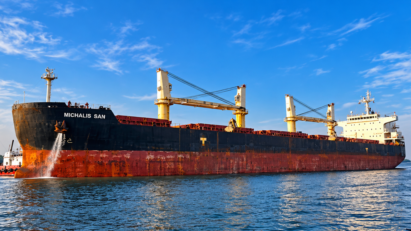 MV Michalis San berthed at Belawan Port in Medan, North Sumatra, Indonesia.