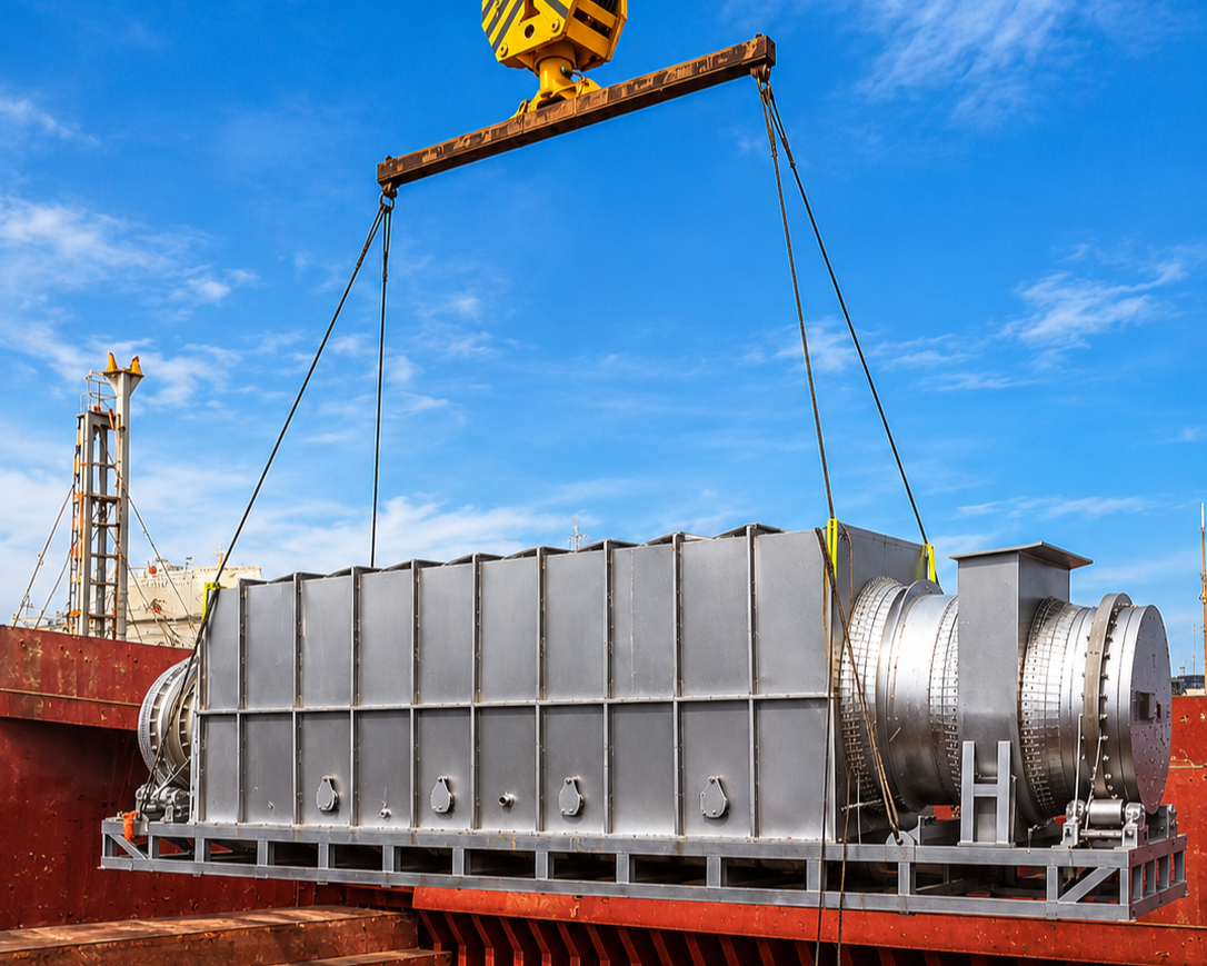 Heavy industrial equipment suspended by a crane above a cargo ship's hold during loading operations.