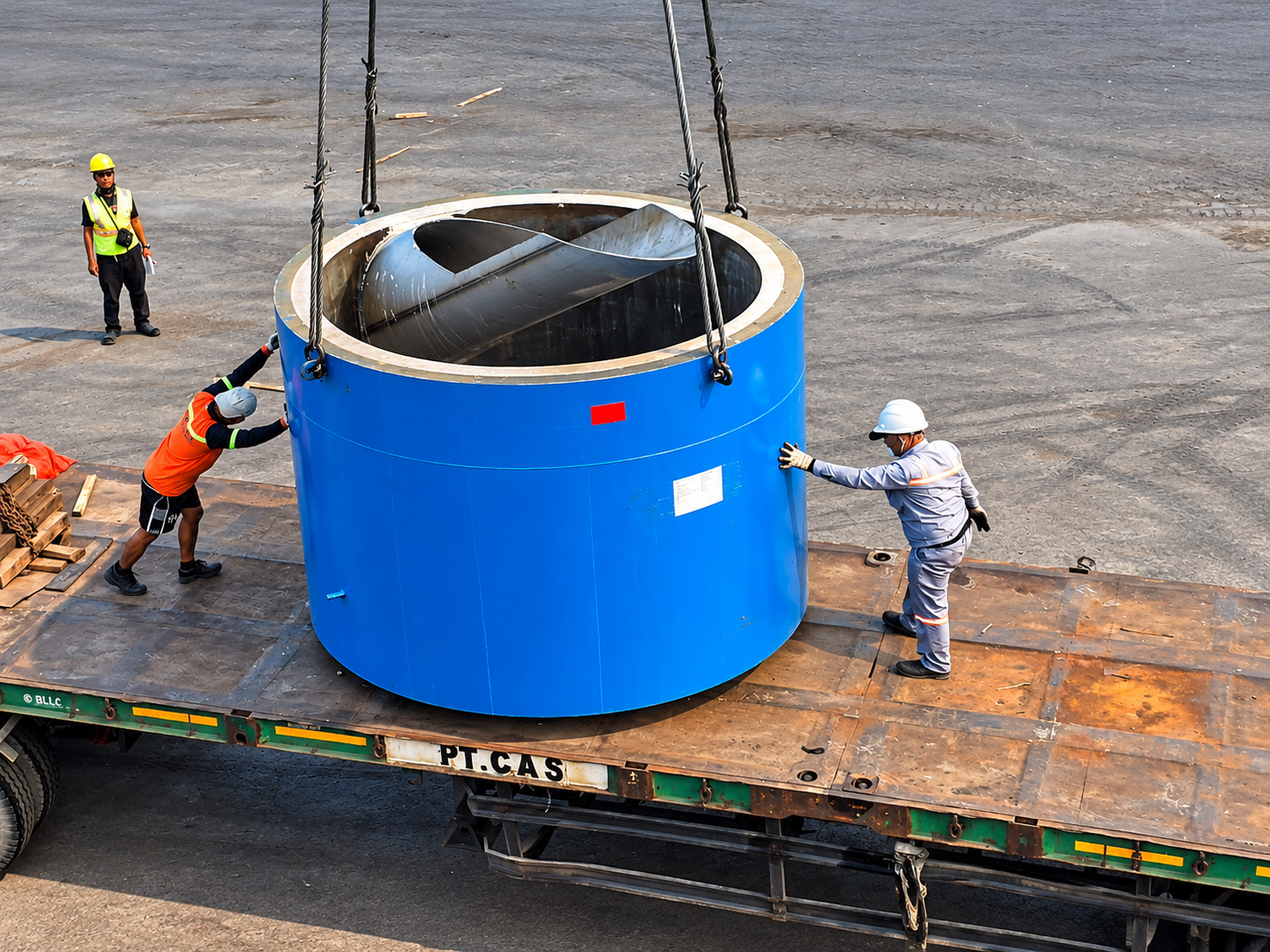 Crane lifting heavy industrial equipment for the RDF drying production line during cargo handling operations.