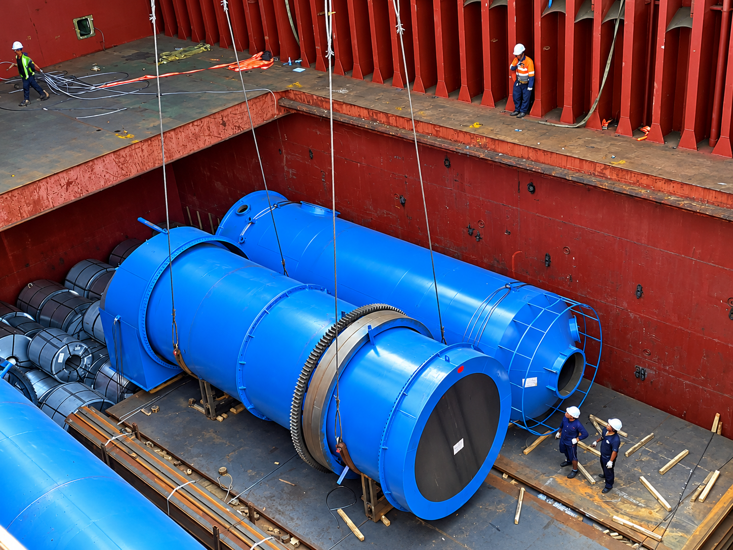 Large industrial machinery stowed inside a cargo vessel for sea transportation, supporting TMA Logistics' RDF drying production line project from Tanjung Perak Port, Surabaya, to Kuta, Bali.
