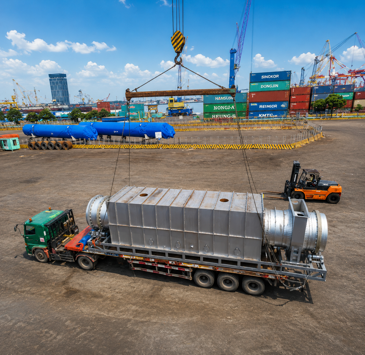 Oversized industrial machinery prepared for inland transportation as part of TMA Logistics' project cargo handling and RDF drying production line delivery to Kuta, Bali.