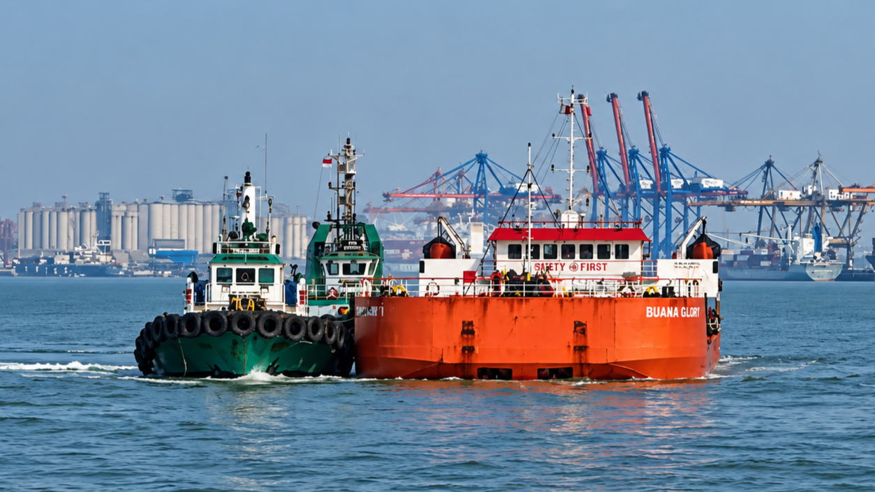 SPOB Buana Glory 1 during berthing operations at Wilmar Port, Gresik.