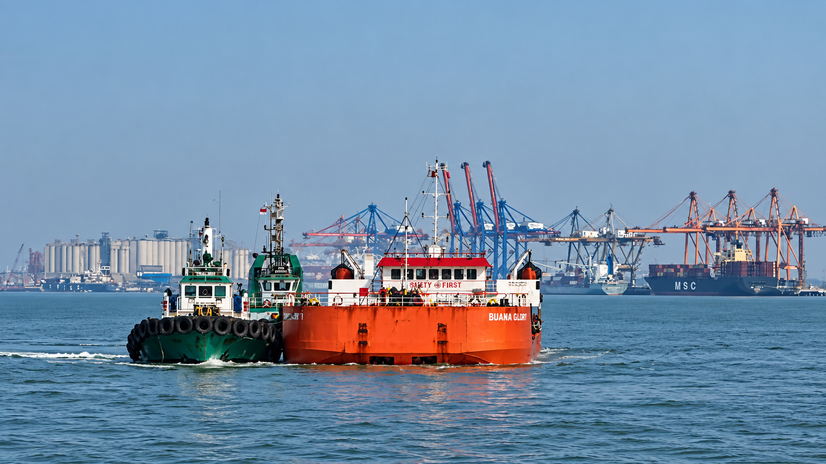 SPOB Buana Glory 1 during berthing operations at Wilmar Port, Gresik.