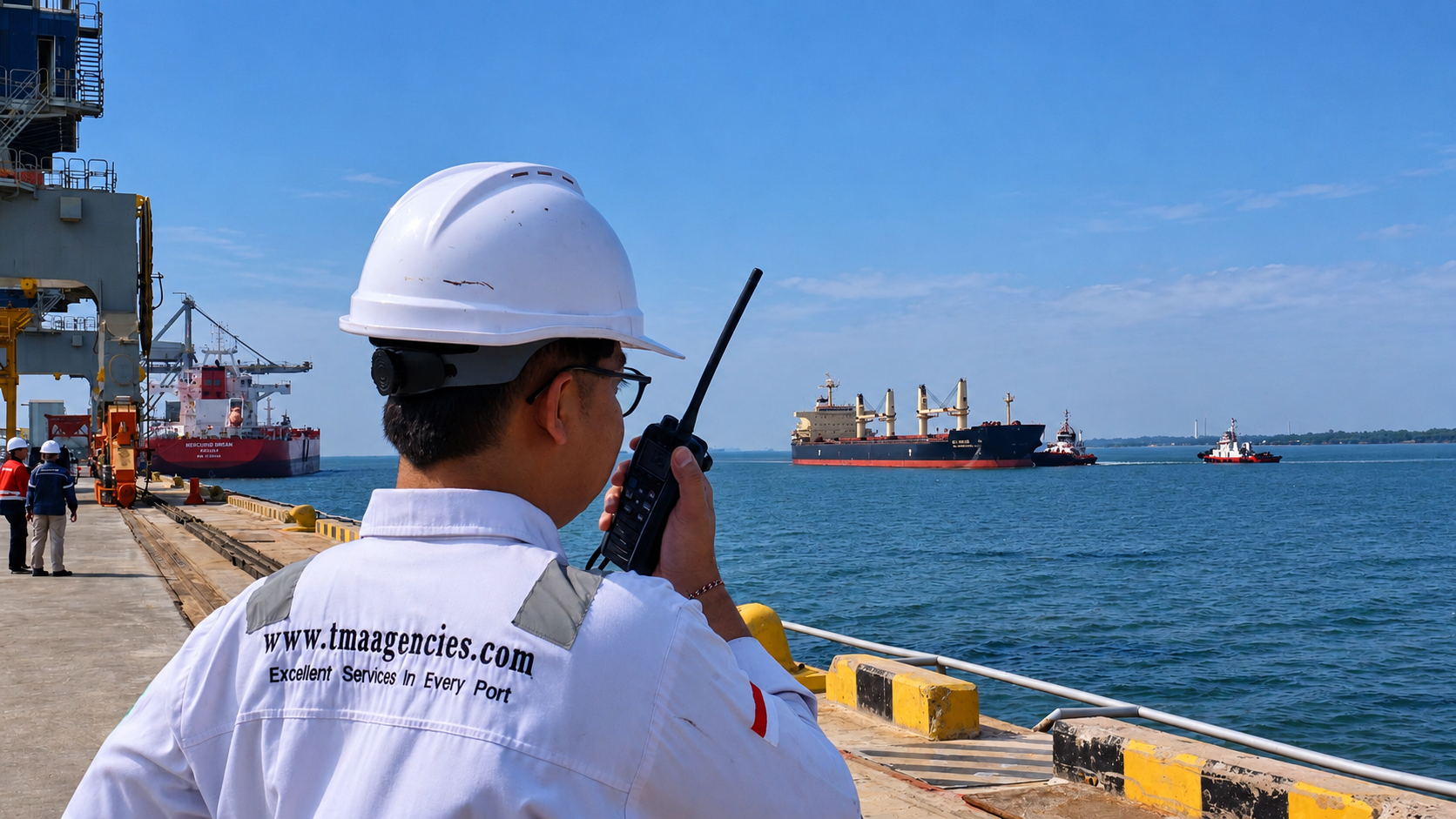 TMA shipping agency worker wearing a white hardhat using a walkie-talkie while monitoring the approaching MV SJ Colombo at JIIPE BMS Port.