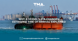 TMA Group blog thumbnail explaining why a vessel's ETA (Estimated Time of Arrival) changes, featuring a vessel at a busy port in Surabaya.