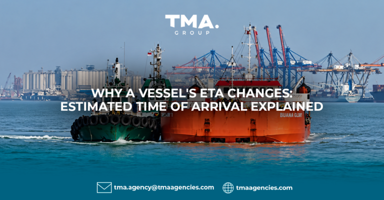TMA Group blog thumbnail explaining why a vessel's ETA (Estimated Time of Arrival) changes, featuring a vessel at a busy port in Surabaya.